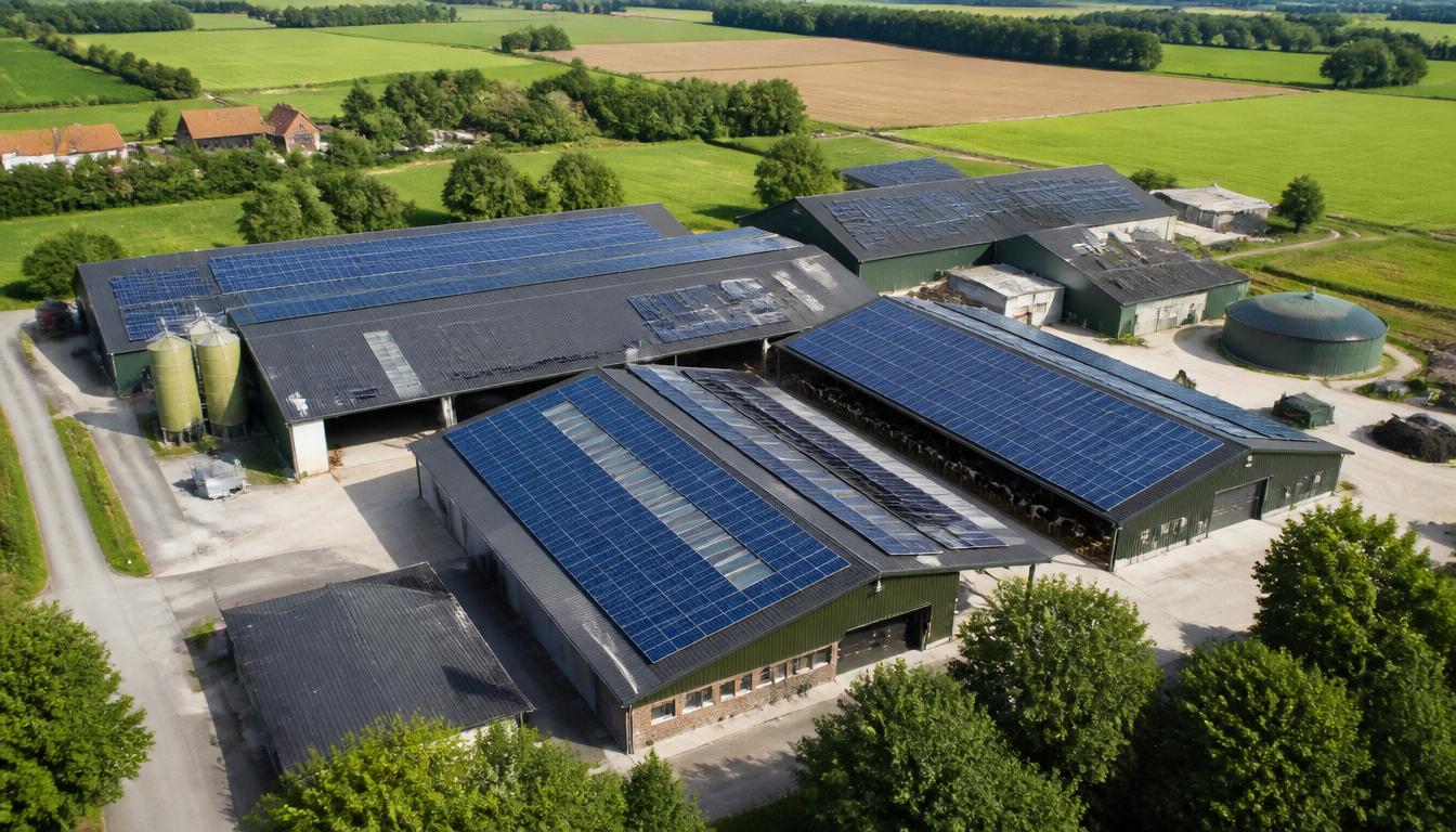 Landbouwbedrijf in Oost-Vlaanderen met grote stallen vol zonnepanelen