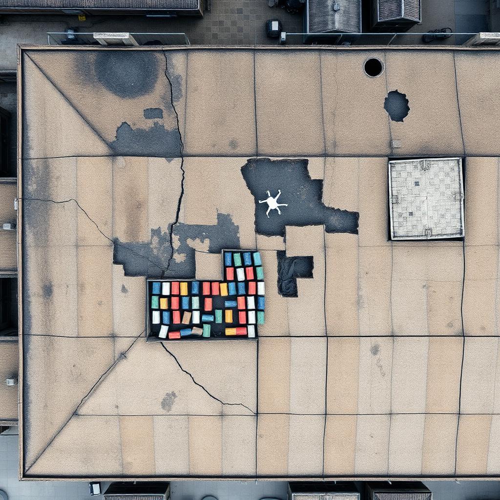 Beschadigd industrieel dak vanuit de lucht