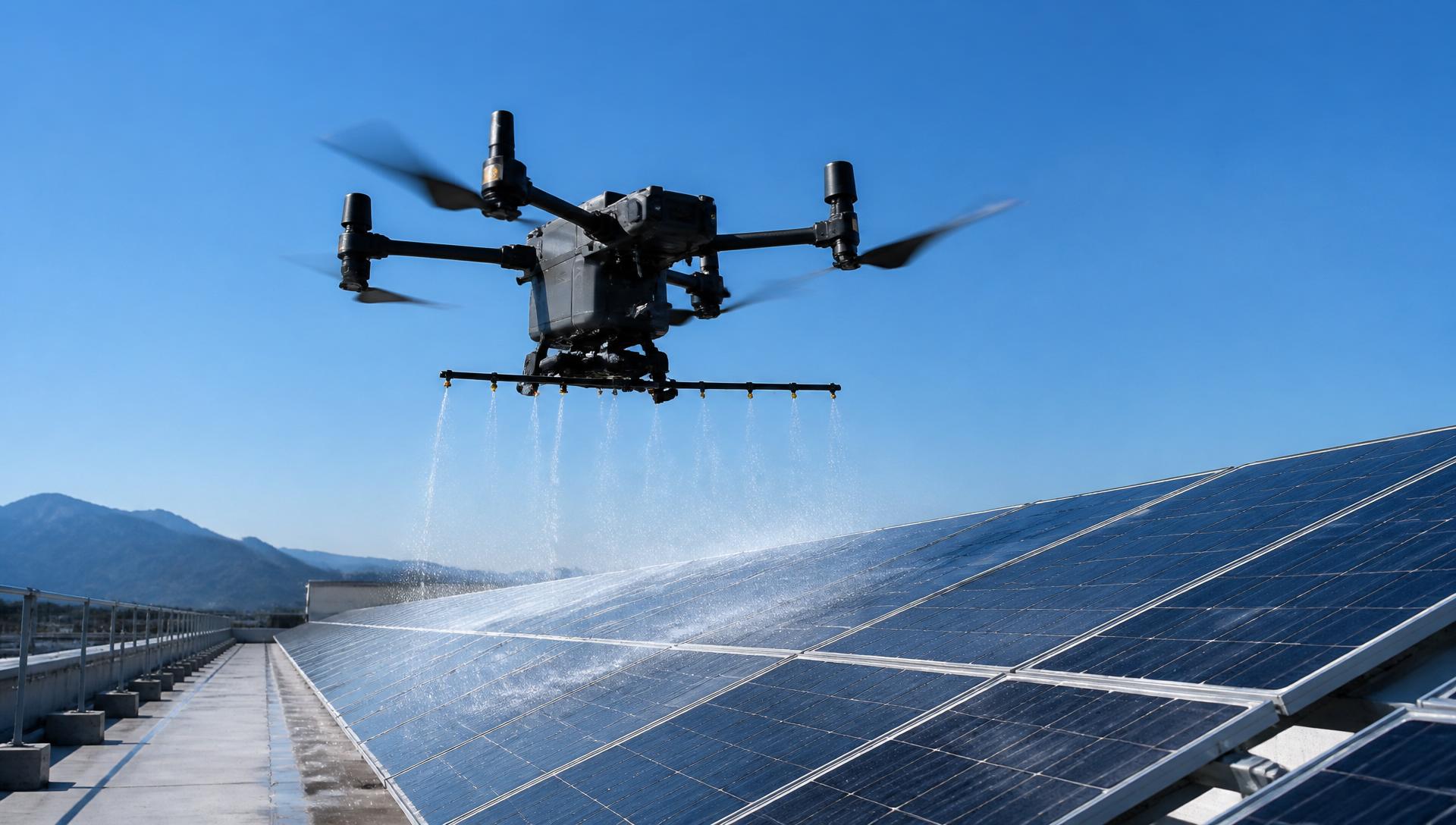 Drone reinigt zonnepanelen met osmosewater boven een Belgisch dak